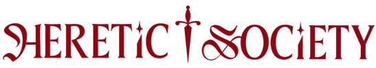Logo of 'Heretic Society' with a stylized dagger in red text.